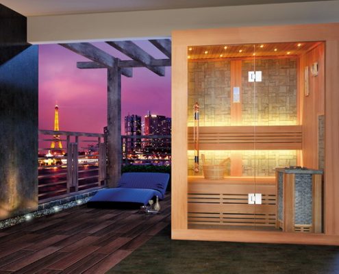 Sauna com vista panorâmica nocturna